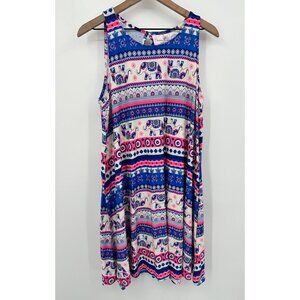 Bobbie Brooks Tank Dress Women Large Blue Pink Elephant Print Gender Reveal